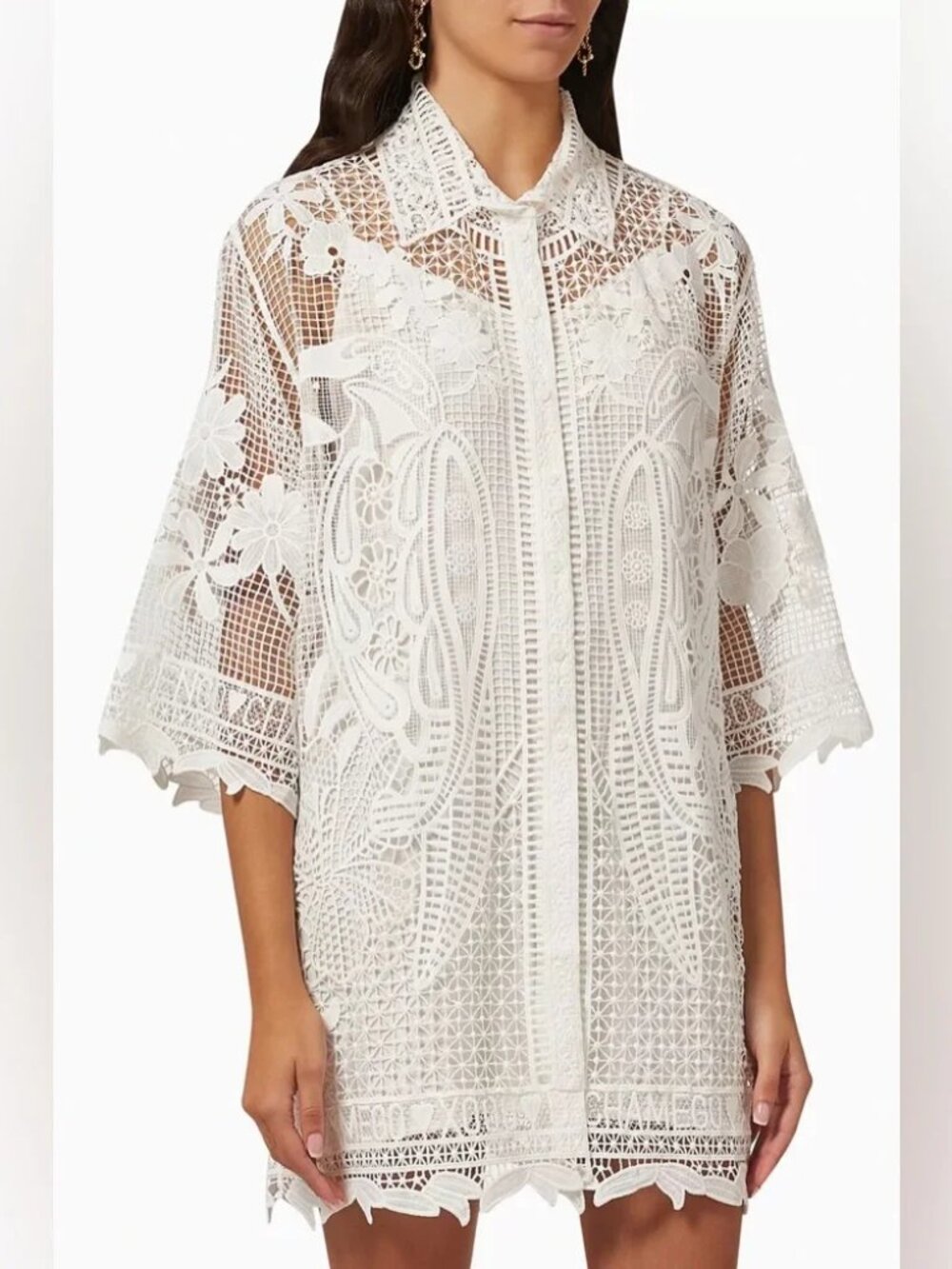 Farm Rio White Crochet Guipure Lace Dress - Size M